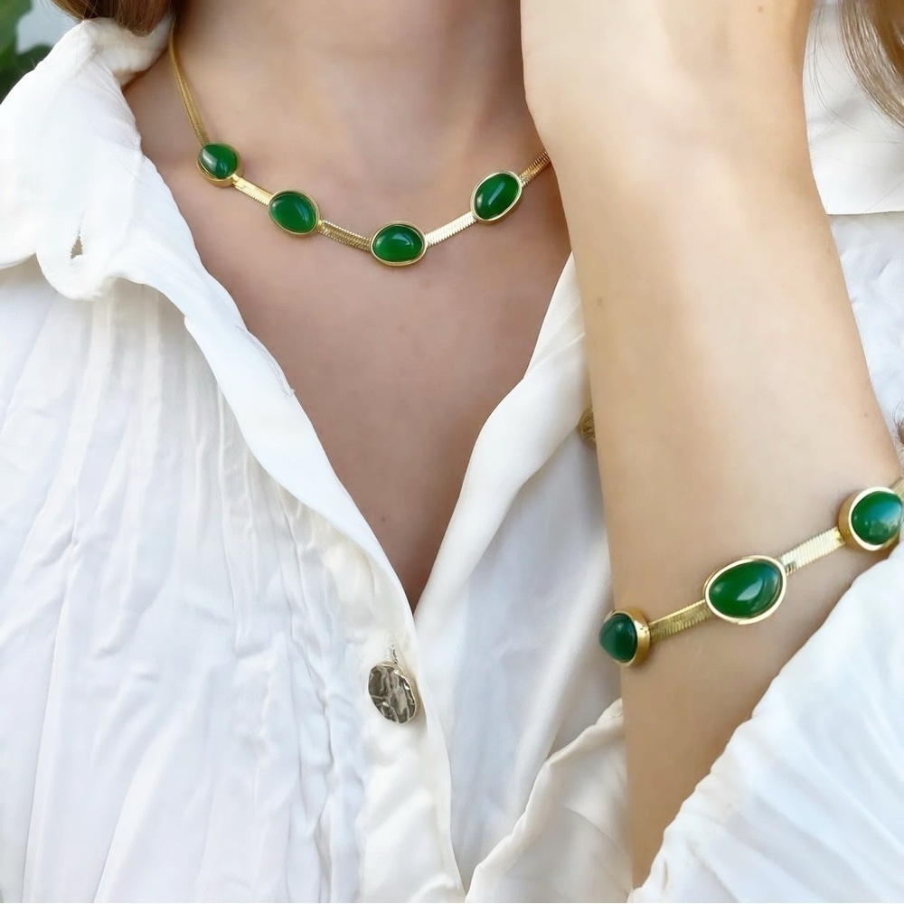 18K Gold Plated Emerald green snake Necklace SET Stainless Steel womens jewelry